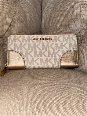 Michael Kors Cream Monogram Zip Wallet with Gold Accents